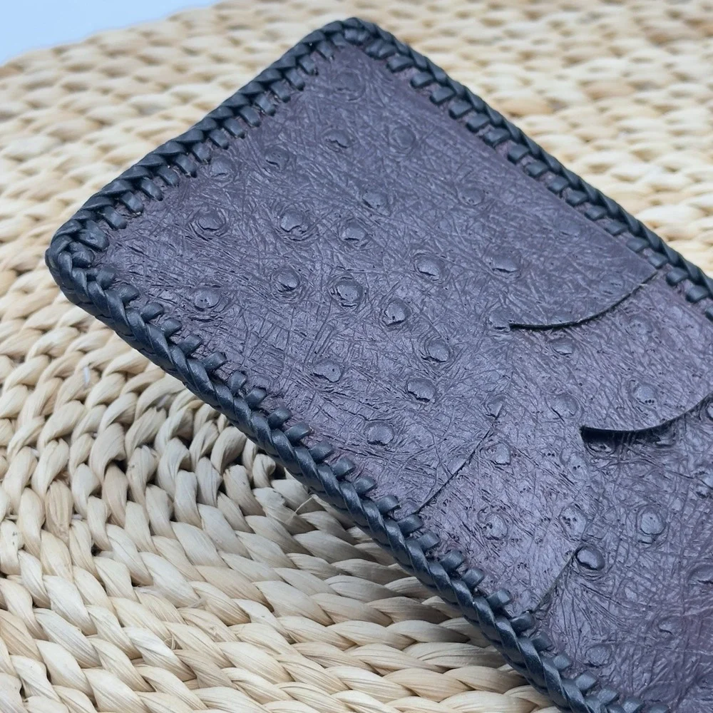 Genuine‎ Ostrich Skin Leather Bifold Men's Handmade Burgundy Black Trim